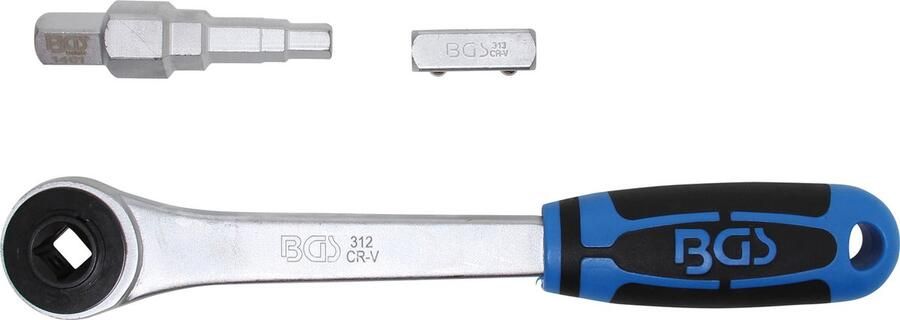 BGS Doorsteek ratelsleutel met adapter en trappensleutel uitgaande binnenvierkant 1 2
