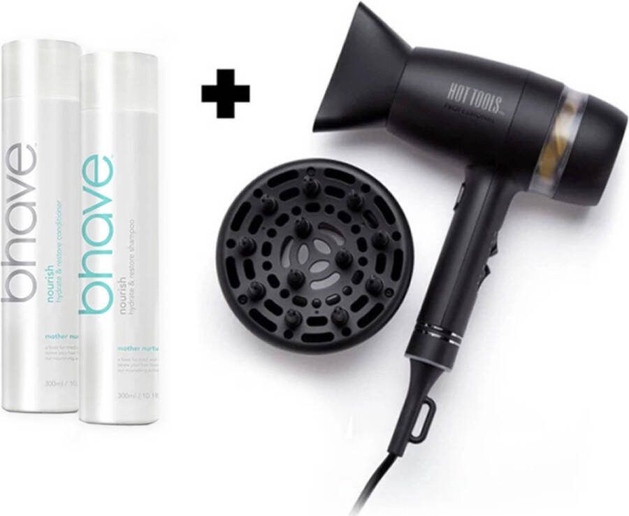 Bhave & Hot Tools Curls Set Nourish Shampoo 300ml + Nourish Conditioner 300ml + HT Quiet Hair Dryer Hydraterende Haarverzorging met speciale krullen föhn