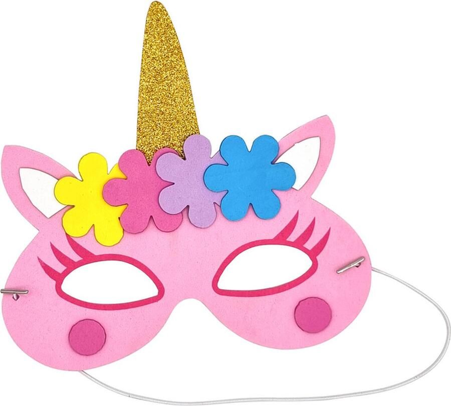 Bi2L Masker Unicorn DIY Knutselset Kind Hobby & Creatief Foam Zelfklevend Goudkleurige Glitters & Roze 18.5x18cm
