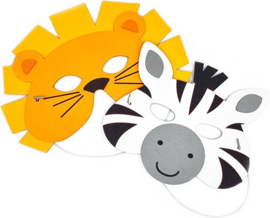 Bi2L Maskers Leeuw & Zebra DIY Knutselset Kind 2 Stuks Foam Zelfklevend- Oranjebruin Zwart Wit 23x14.5cm|19x15.6cm