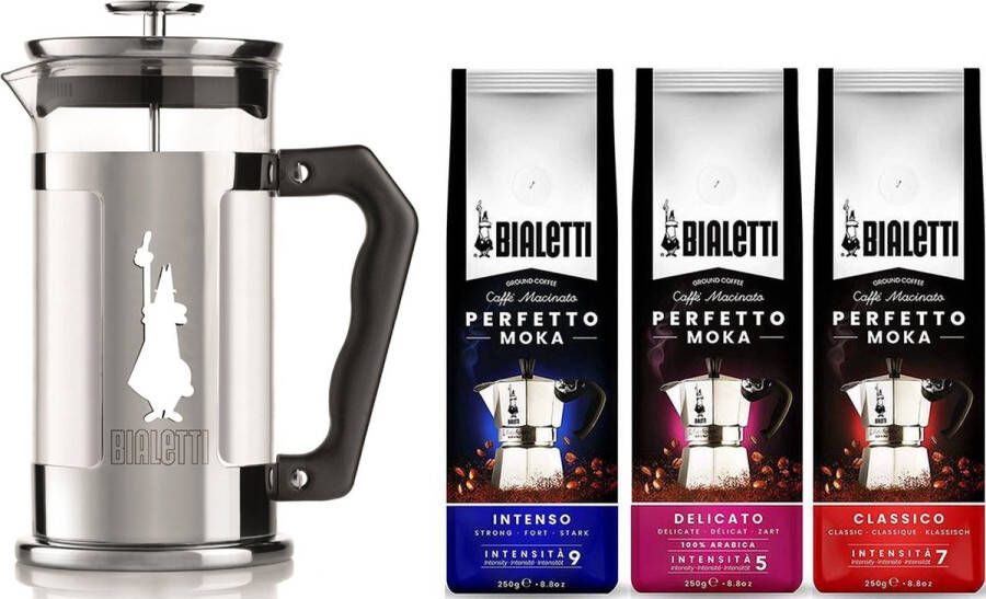Bialetti Coffee Press Presioza 1000ml + koffie proefpakket 3 x 250gr