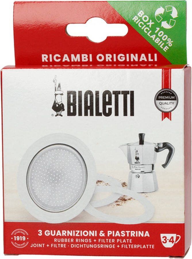 Bialetti Set Filterplaatje aluminium (49mm) Voor de Moka Express en Moka Induction 3 en 4 Kops Inclusief 3 Rubberen Ringen (binnenmaat ring 49mm)