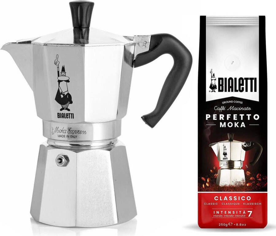 Bialetti Moka Express 3 kops + Classico gemalen koffie 250gr