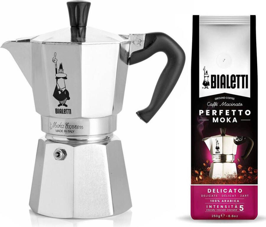 Bialetti Moka Express 3 kops + Delicato gemalen koffie 250gr