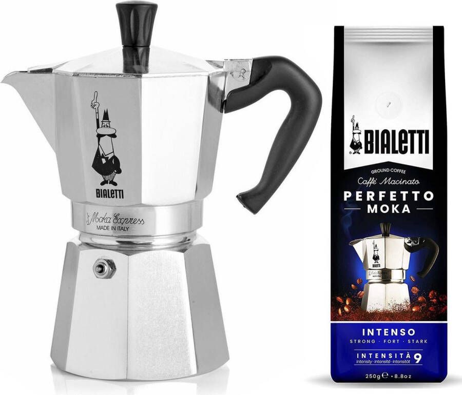 Bialetti Moka Express 3 kops + Intenso gemalen koffie 250gr