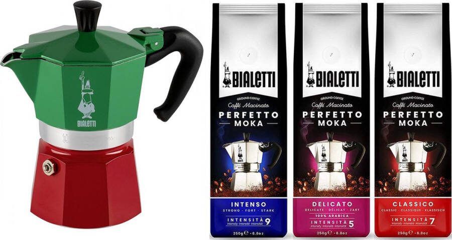 Bialetti Moka Express Italia 3 kops + koffiepakket 3x250gr