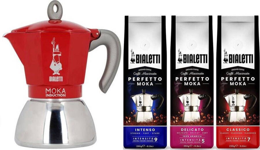 Bialetti Moka Inductie Rood 2-kops 100ml + Koffie Proefpakket 3 x 250gr