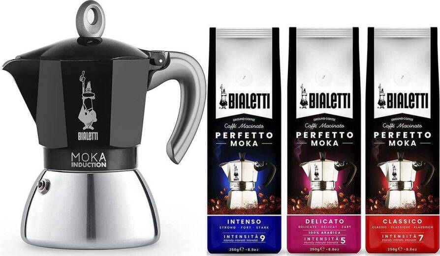 Bialetti Moka Inductie Zwart 2-kops 100ml + Koffie Proefpakket 3 x 250gr