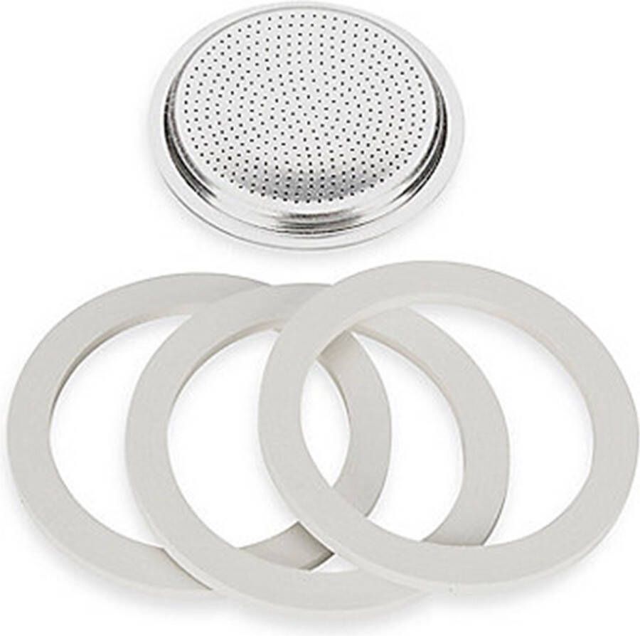 Bialetti Set Filterplaatje aluminium (49mm) Voor de Moka Express en Moka Induction 3 en 4 Kops Inclusief 3 Rubberen Ringen (binnenmaat ring 49mm)