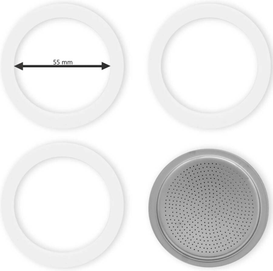 Bialetti Set Filterplaatje aluminium (49mm) Voor de Moka Express en Moka Induction 3 en 4 Kops Inclusief 3 Rubberen Ringen (binnenmaat ring 49mm)