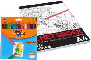 BIC 24-delige teken potloden set met A4 schetsboek 50 vellen Cadeau voor verjaardagen