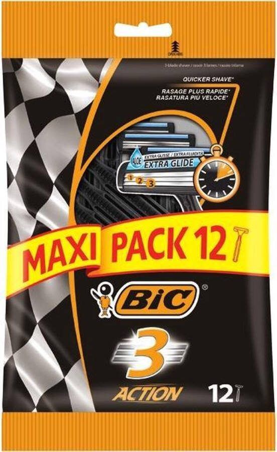 BIC 3 Action Wegwerpscheermesjes voor mannen 3 scheerbladen- Aloe Vera vochtinbrengende strip- Pak van 12 mesjes