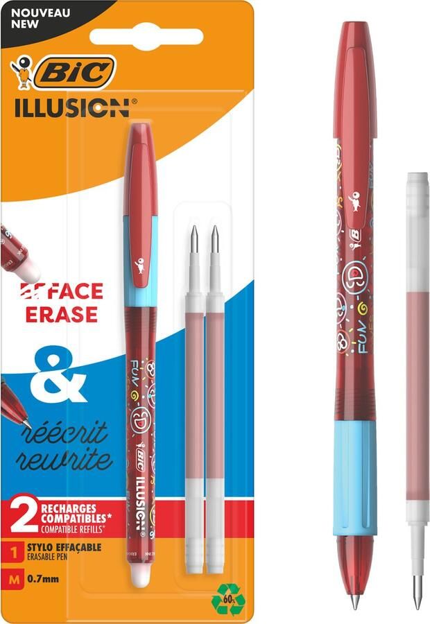 BIC Illusion Uitwisbare en navulbare balpen en navullingen Rode inkt verpakking met 1 pen en 2 navullingen Medium Punt 0 7 mm