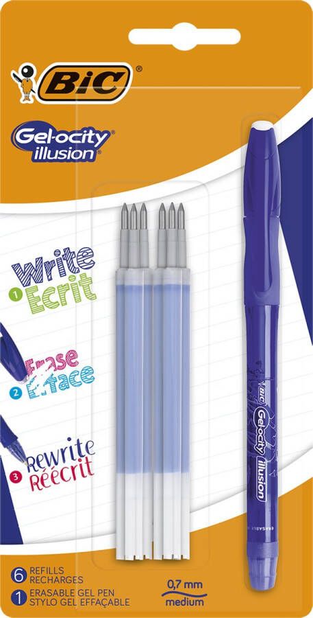 BIC Gel-Ocity Illusion uitwisbare Gelpen Rollerbal Pen Blauw punt 0.7 mm 1 pen met 6 navullingen