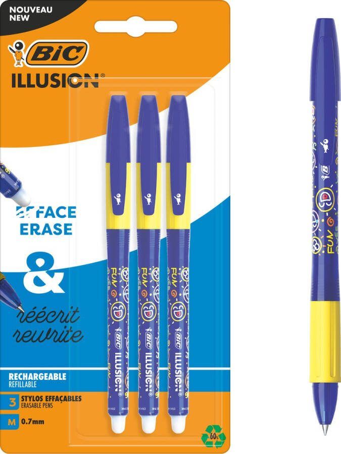 BIC Illusion Uitwisbare en Navulbare Balpen Blauwe Inkt Set van 3 Medium Punt 0 7 mm