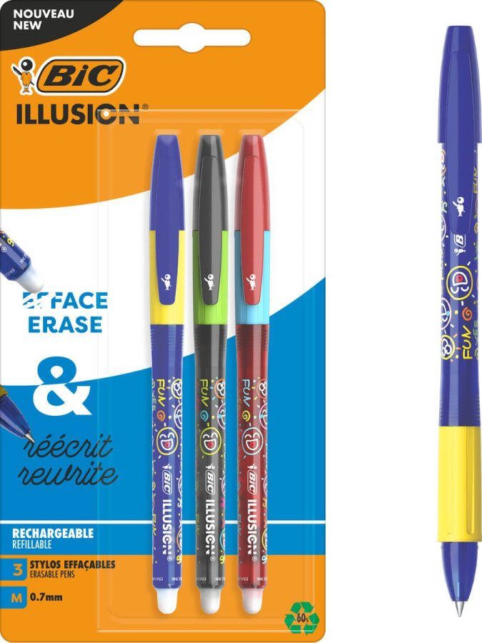 BIC Illusion Uitwisbare en Navulbare Balpen Blauwe Zwarte en Rode Schrijfkleur- Pak van 3 pennen Medium Punt (0.7 mm)