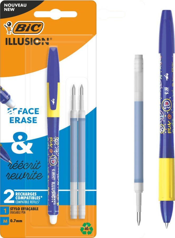 BIC Illusion Uitwisbare en navulbare balpen en navullingen Blauwe inkt verpakking met 1 pen en 2 navullingen Medium Punt 0 7 mm