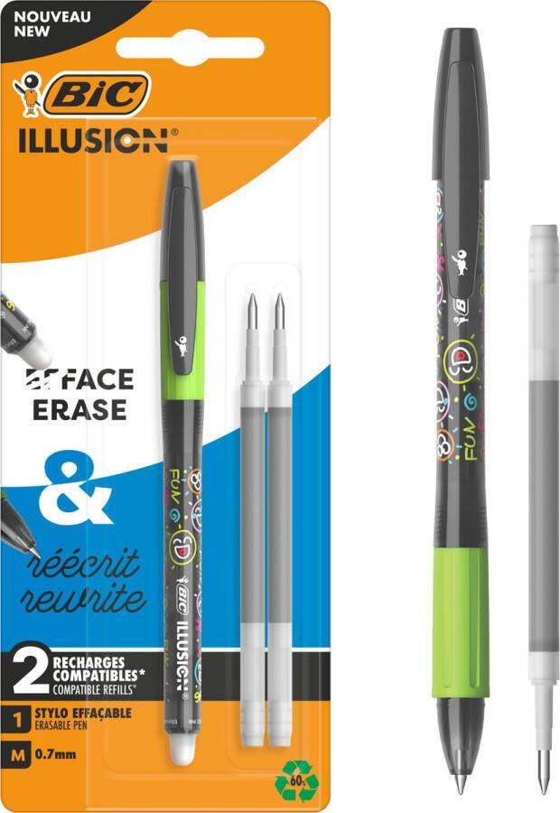 BIC Illusion Uitwisbare en navulbare balpen en navullingen Zwarte inkt verpakking met 1 pen en 2 navullingen Medium Punt 0 7 mm