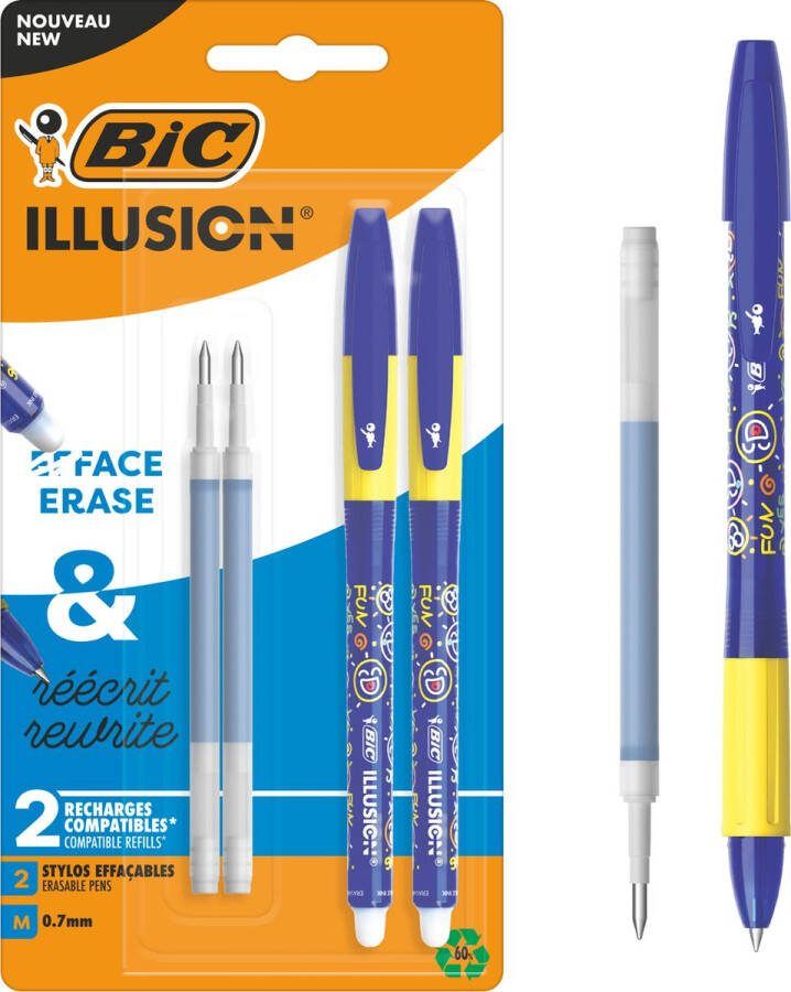 BIC Illusion Uitwisbare en Navulbare Balpen en Navulpatronen Blauwe Inkt Set van 2 Pennen en 2 Navullingen Medium Punt 0 7 mm