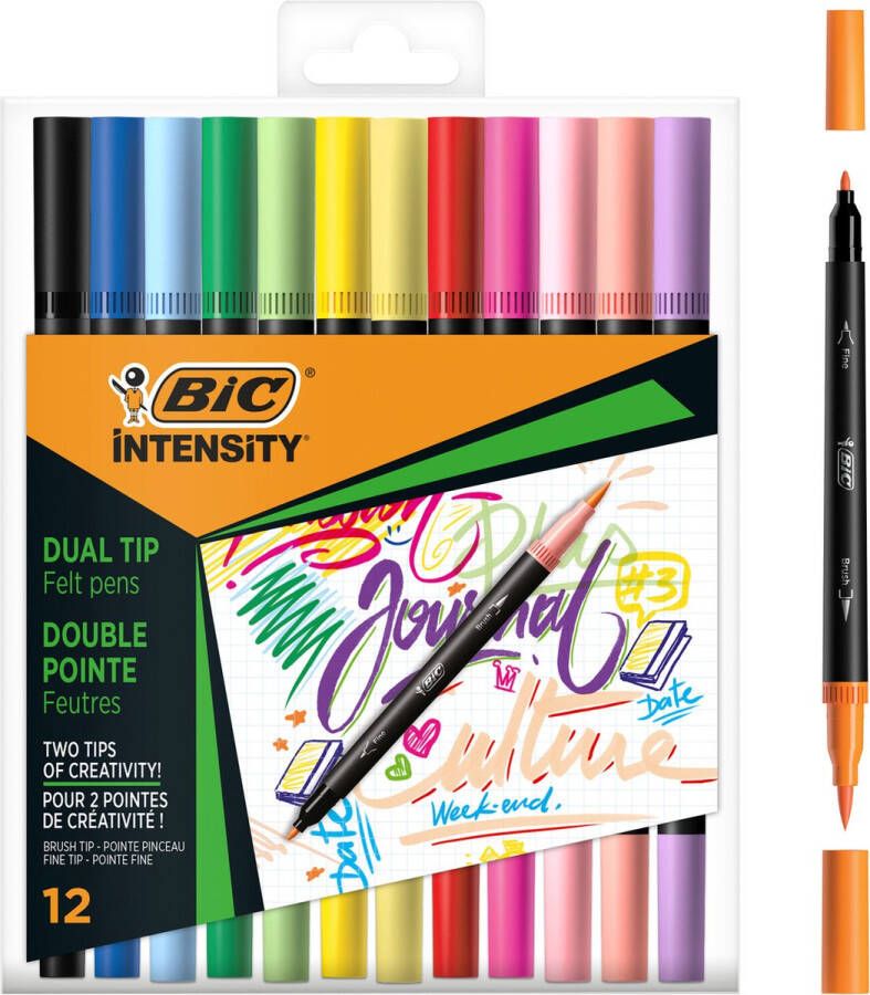 BIC Intensity Dual Tip Classic en Pastel Kleurstiften met flexibele penseelpunt Assorti Kleuren Doos van 12 Fijne punt 0 7 mm