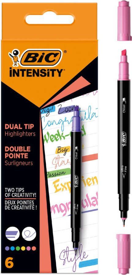 BIC Intensity Dual Tip Highlighter Viltstiften met Schuine en Dunne Punt Verschillende Kleuren Doos van 6 Stuks Punt van 0.4 mm
