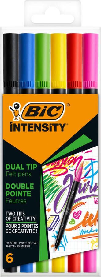 BIC Intensity Dual Tip Kleurstift met Verstelbare Borstelpunt en Dunne Viltstift Verschillende Kleuren Doos van 6 Stuks