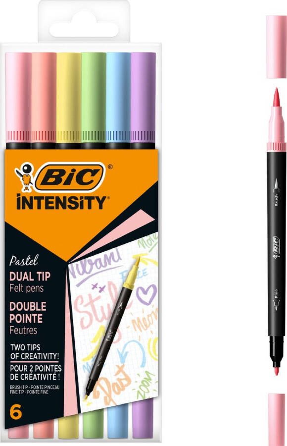 BIC Intensity Dual Tip Marker Pastel Kleurstift met 2 verschillende punten 6 stuks Pastelkleur Viltstit met penseelpunt en fijne punt (0.7 mm)