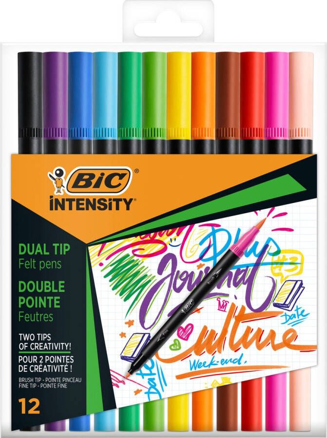 BIC Intensity Dual Tip Viltstiften en Penseelstiften Diverse Kleuren Doos van 12 stuks