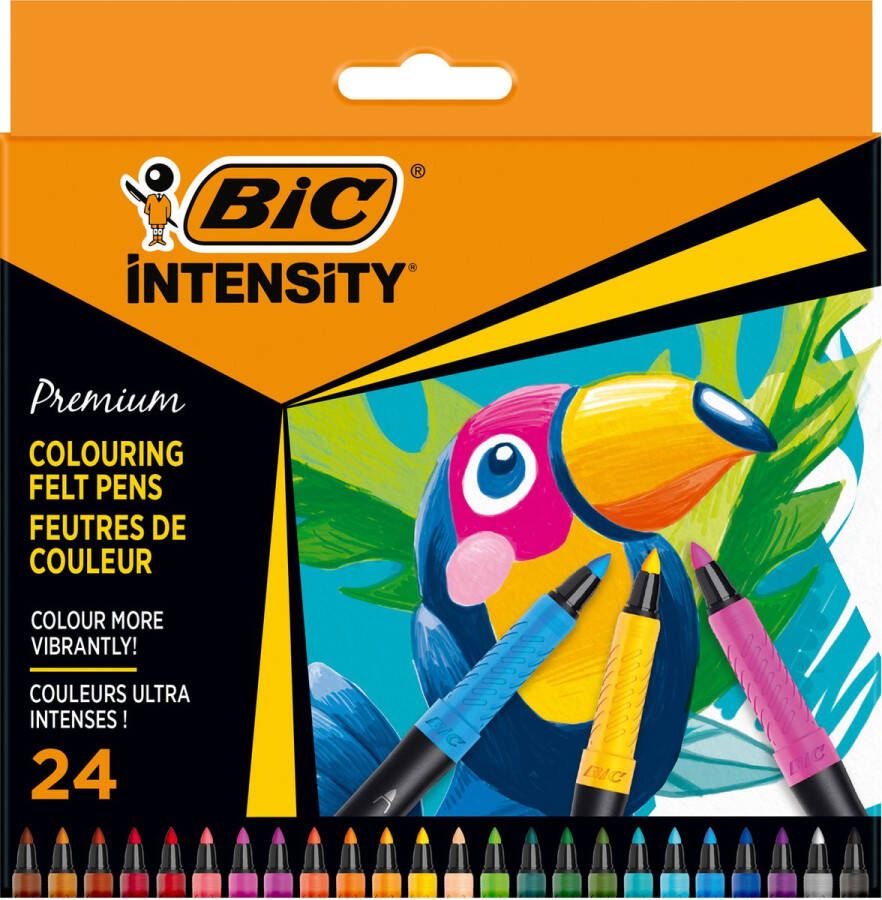 BIC Intensity Premium Viltstiften met Zwarte Huls en Rubberen Comfortabele Grip Diverse kleuren Pak van 24 Stuks Fijne punt 0.73 mm