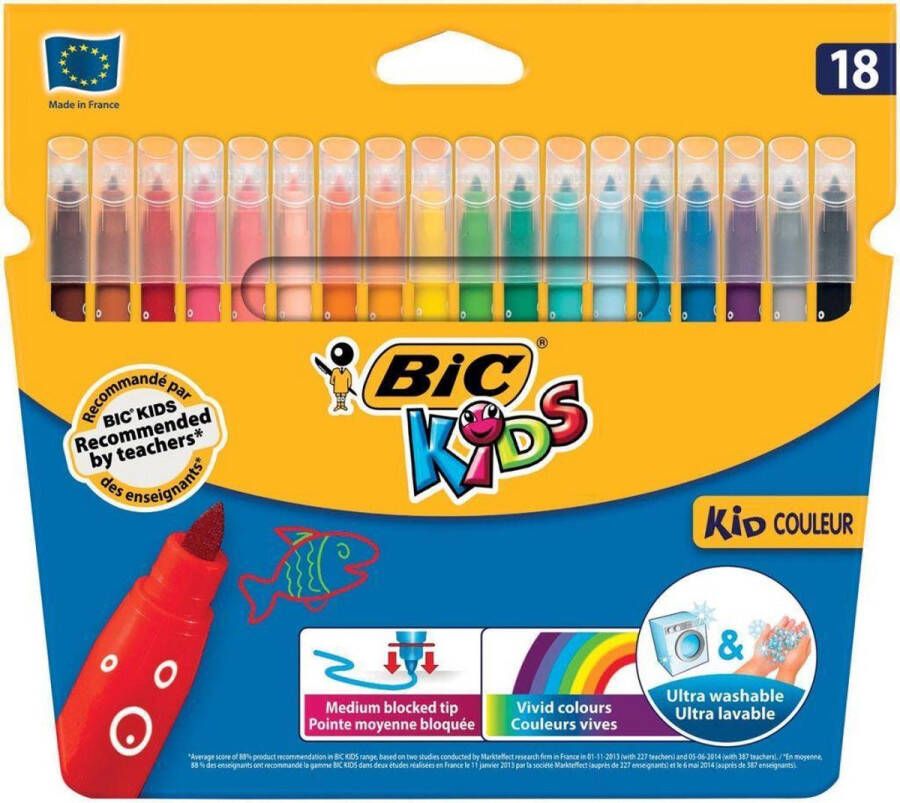 BIC Kids Kid Couleur Viltstiften middelgrote vaste punt met afwasbare inkt op waterbasis voor 5 jaar en ouder doos met 18 stuks