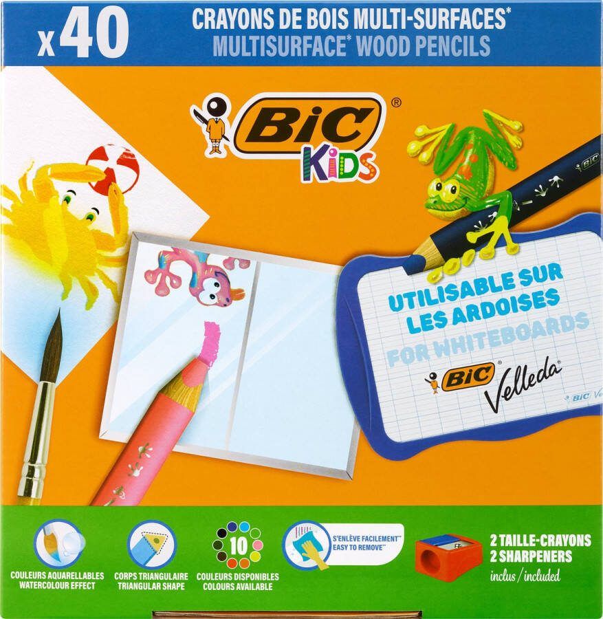 BIC Kids Multisurface Kleurpotloden met Driehoekige vorm Uitwisbaar 4 x 10 Kleuren Classpack van 40 potloden + 2 Puntenslijpers