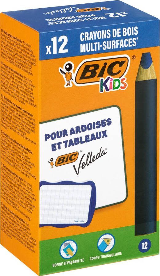 BIC Kids Multisurface Kleurpotloden voor Velleda wisbordjes of whiteboards Driehoekige vorm Uitwisbaar Schrijfkleur blauw Set van 12 potloden