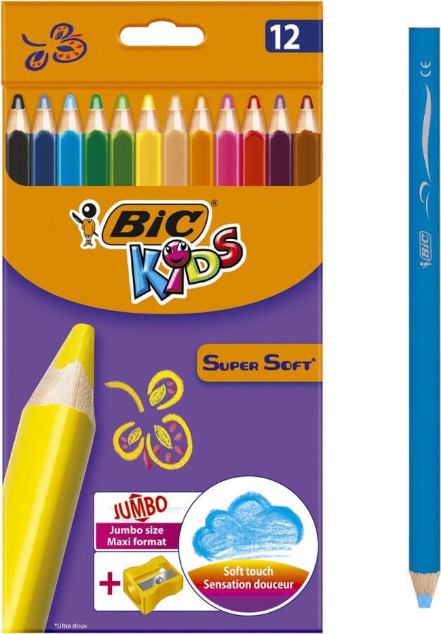 BIC Kids Supersoft XL Ergonomische kleurpotloden met puntenslijper kleuren Dikke punt van 5.8 mm 12 stuks