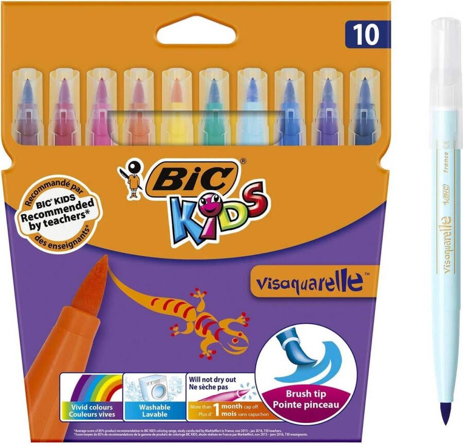BIC Kids Visaquarelle Gekleurde Viltstiften met flexibele penseelpunt (4.5 mm) Verschillende Kleuren Pak van 10 Stuks