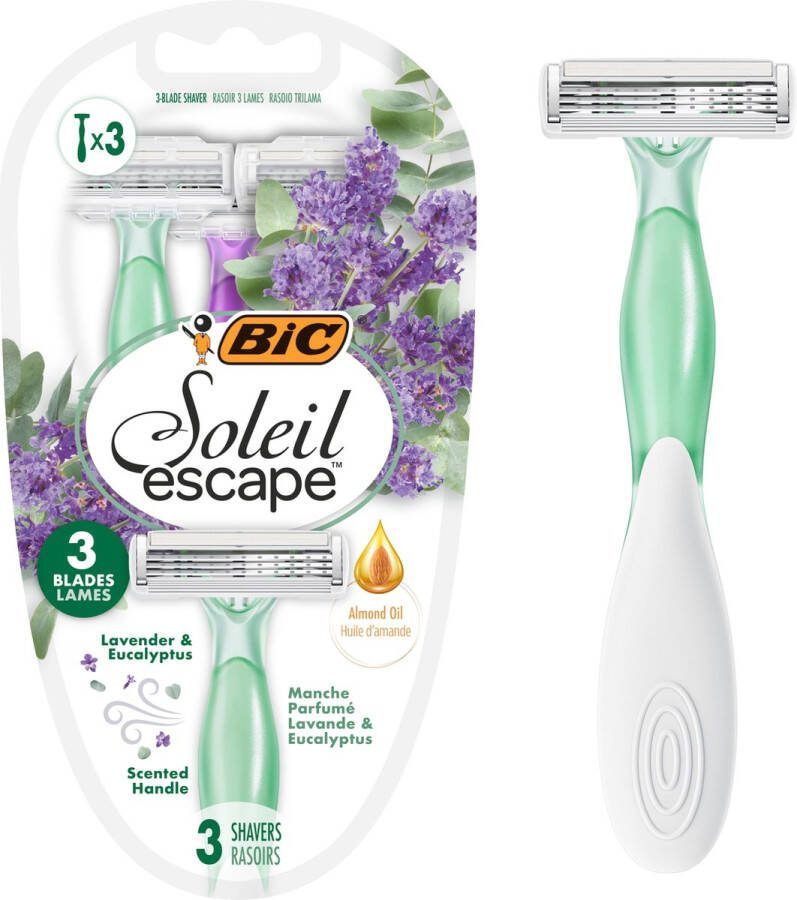 BIC Soleil Escape Scheermes- Geur Lavendel en Eucalyptus Geparfumeerde greep Verpakking van 3 wegwerpscheermesjes 3 mesjes