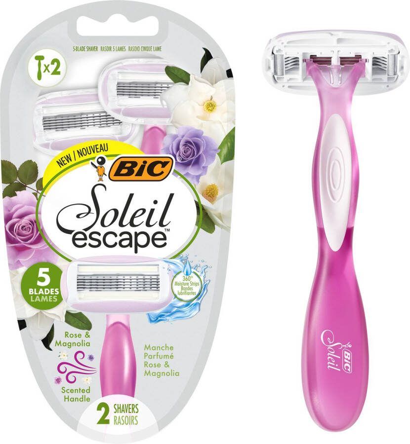 BIC Soleil Escape Scheermes- Geur Roos en Magnolia Geparfumeerde greep Verpakking van 2 wegwerpscheermesjes 5 mesjes