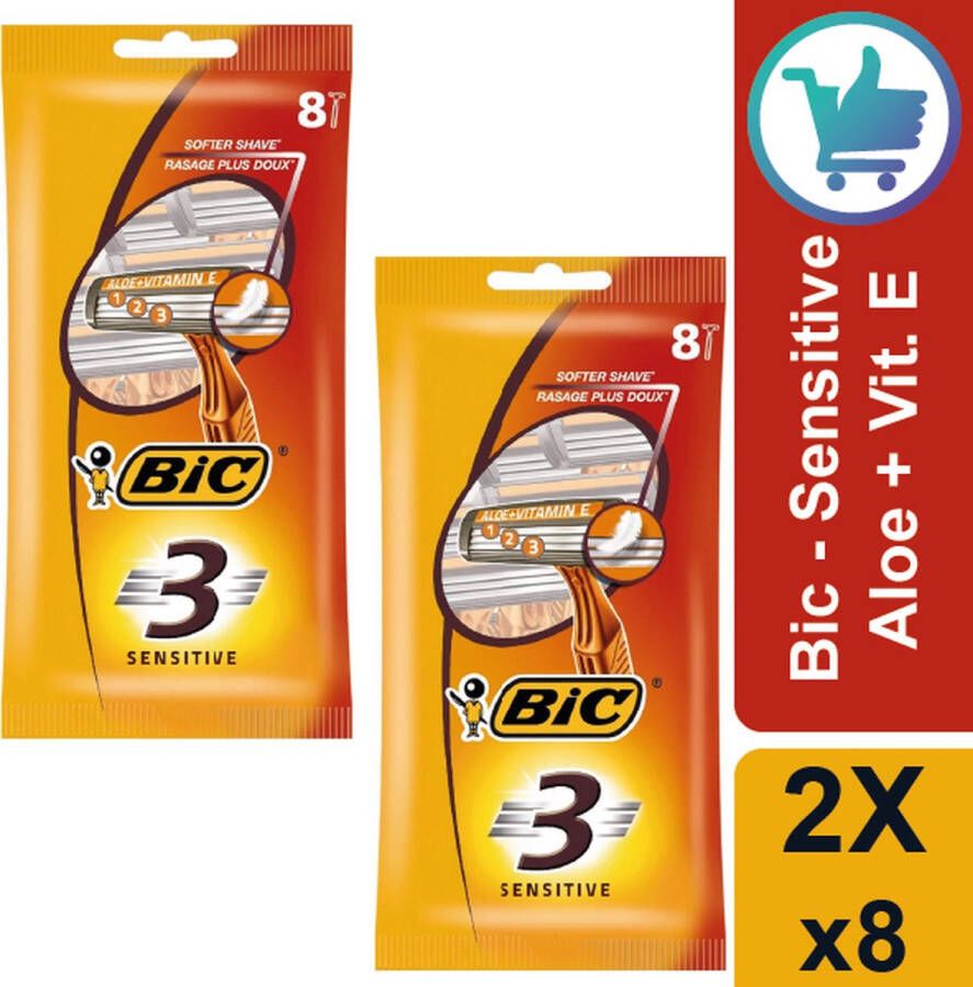 BIC Wegwerpscheermesjes 3 Sensitive Voordeelverpakking 2 x 8 stuks 16 stuks Aloë Vera en Vitamine E