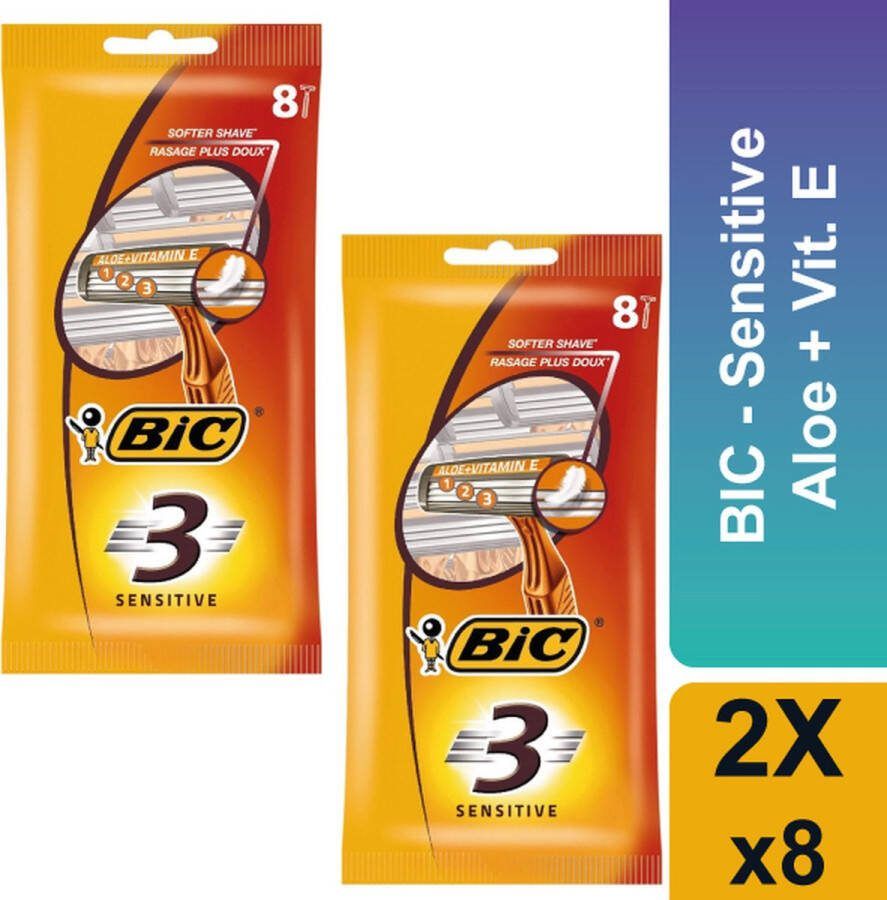 BIC Wegwerpscheermesjes 3 Sensitive Voordeelverpakking 2 x 8 stuks 16 stuks Aloë Vera en Vitamine E