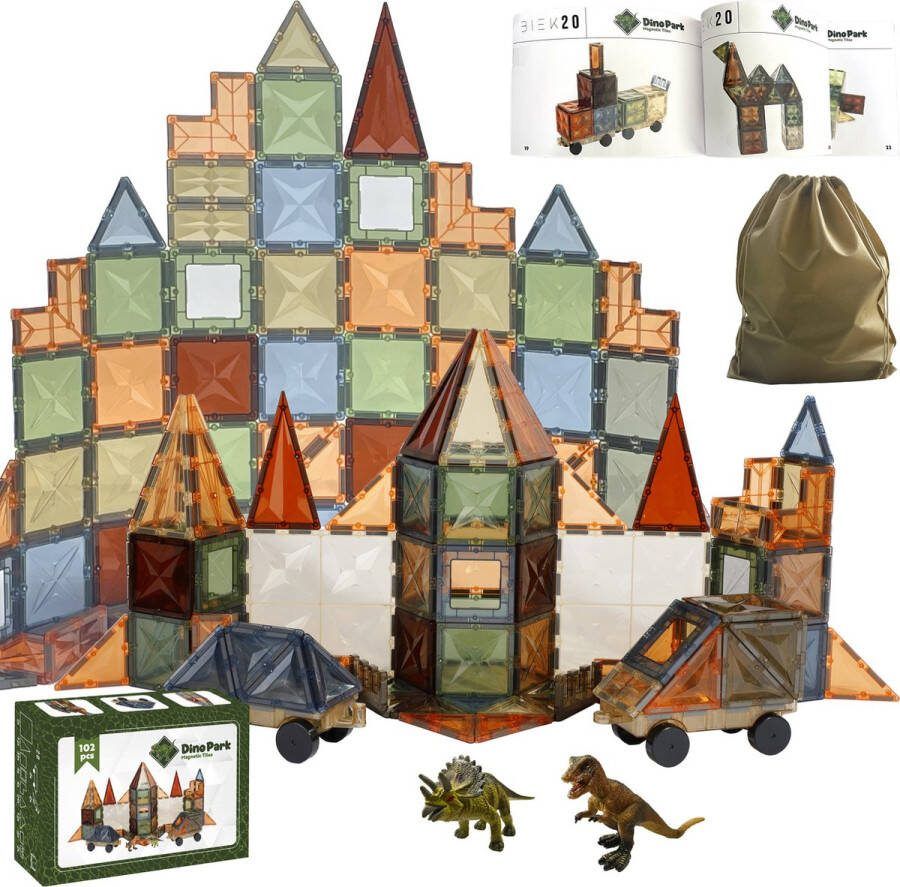 BIEK20 Magnetisch Speelgoed Dino Park 102 stuks Montessori Speelgoed Constructiespeelgoed Magnetische Bouwstenen Magnetic Tiles Magnetische Tegels Magneet Speelgoed