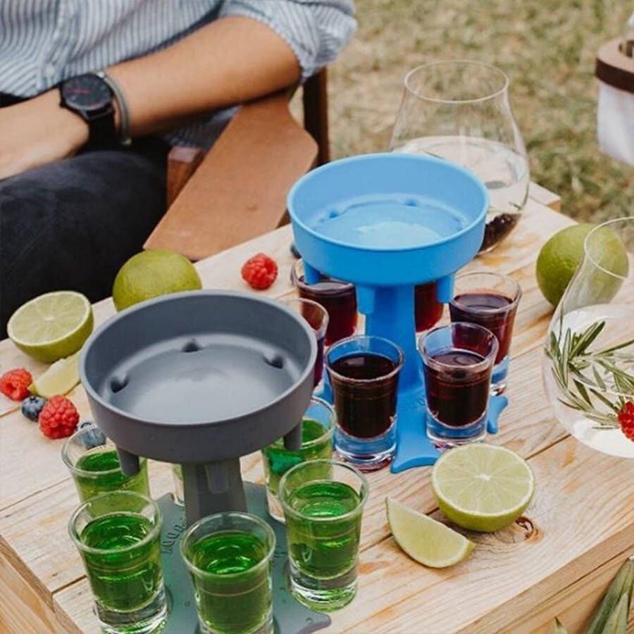 Biershotgun.nl Shotfontein met 6 shot glaasjes De shot verdeler en houder in 1 -blauw shotglazen shotbuddy dispenser kado feest