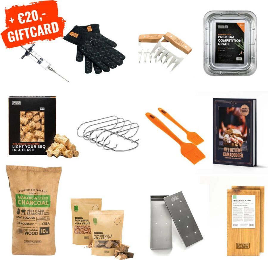 Big Green Egg Kamado Accessoires oa. 10kg houtskool 1kg aanmaakwokkels Cederhouten planken Handschoenen Rookchunks Rooksnippers Siliconen kwasten Aluminium bakken XXL Spareribs rek Marinade injector Kookboek BBQ Barbecue set