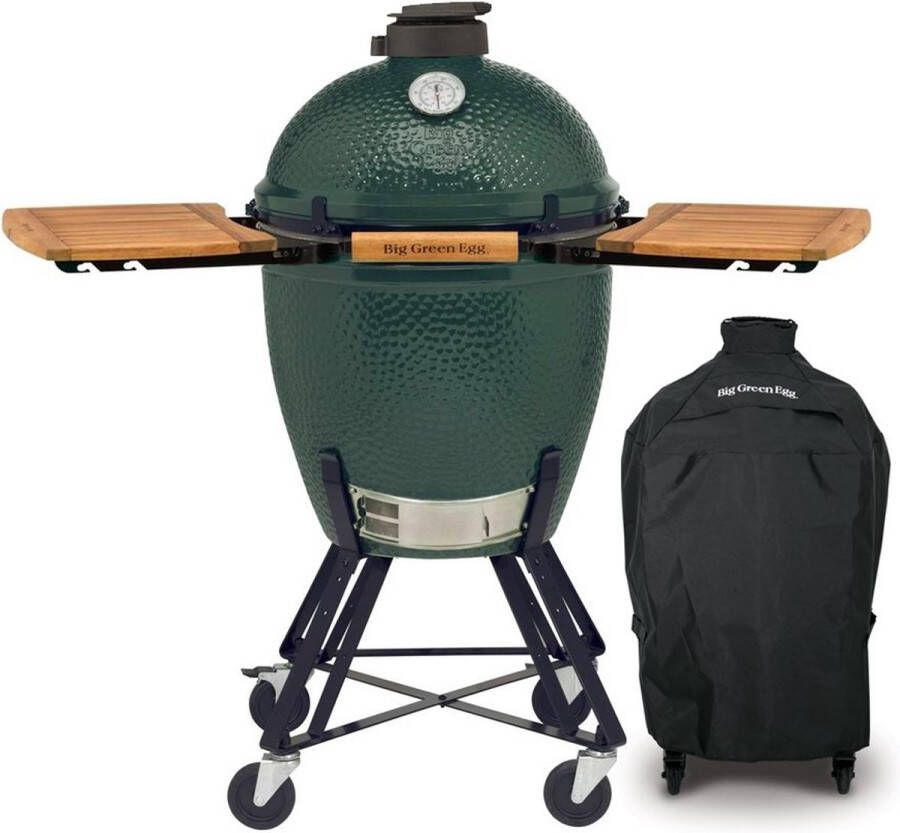 Big Green Egg Large met onderstel acacia zijplankjes en hoes