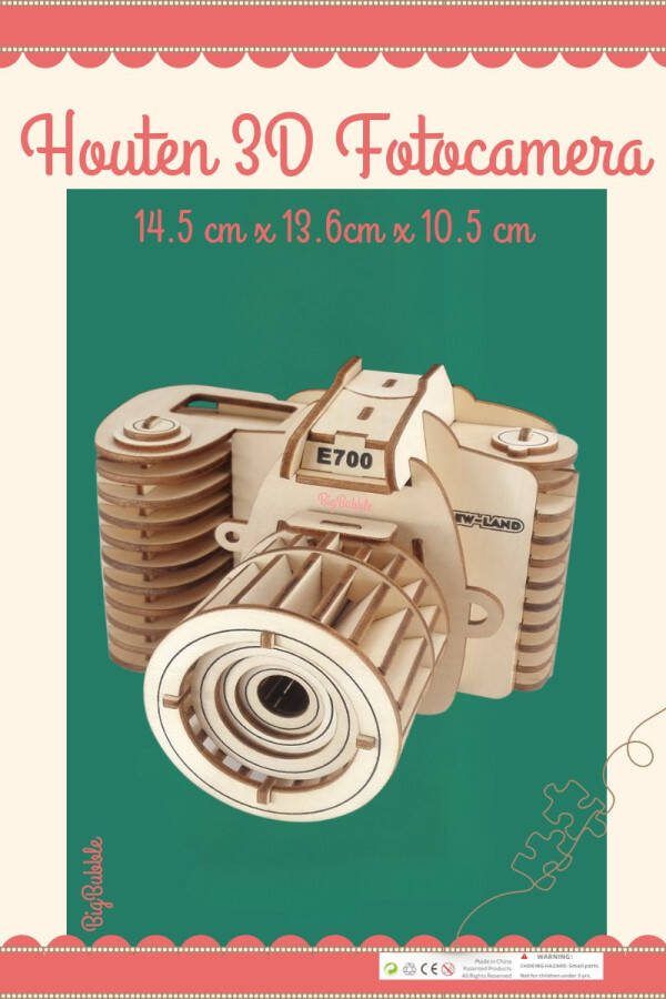 Bigbubble Houten 3D puzzel Bouwpakket Fotocamera Camera 57 onderdelen Modelbouw