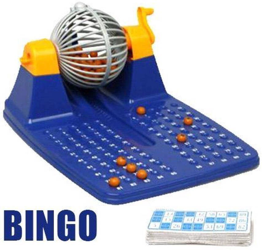 Bigbuy Fun Bingo spel blauw geel oranje complete set nummers 1-90 Bingospel Bingo spellen Bingomolen met bingokaarten Bingo spelen
