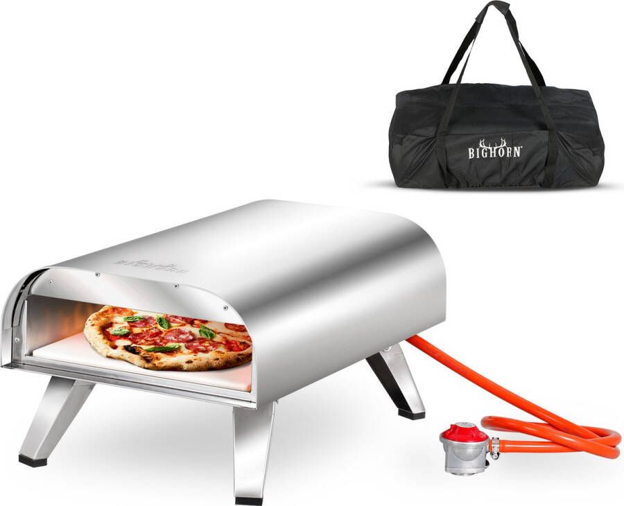 Bighorn Gas Pizzaoven voor Buiten Pizza Gourmet Barbecue Edelstaal 30.5cm pizzasteen -temperatuurweergave tot 460 ° C met Gasdrukregelaarset 30 mbar & Slang 50 cm met Draagtas