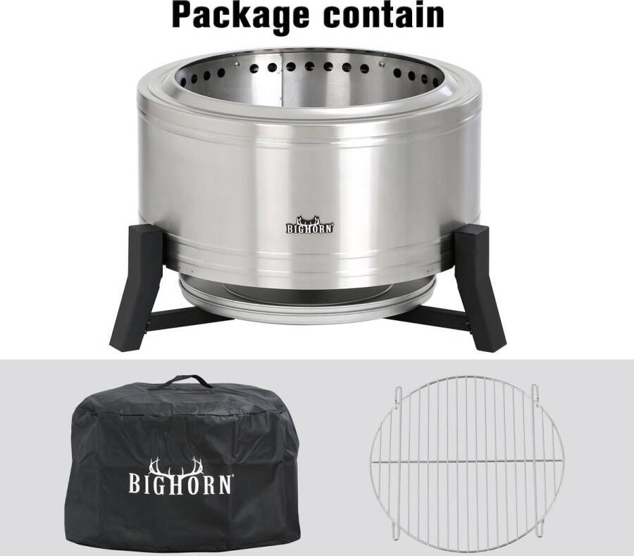 Bighorn Stove Bonfire Rookloze Vuurkorf en BBQ Grill met RVS grillrooster met Beschermhoes Rookvrije Vuurplaats 2 in 1 Houtverbranding en Houtpellets Vuurkorf & BBQ Kamperen en Achtertuin Roestvrijstaal Dia. ⌀ 65cm × H42cm