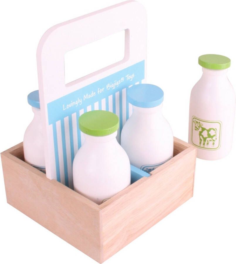 BIGJIGS Boodschappen Zuivel In krat | houten speelgoed melkflessen voor winkel of keuken