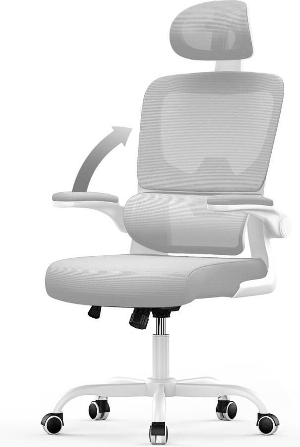 BIGZZIA Ergonomische bureaustoel Fauteuil met 90° opklapbare armleuning Adaptieve lendensteun In hoogte verstelbaar Grijs