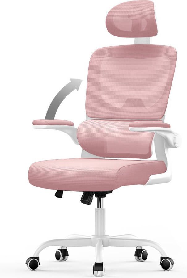BIGZZIA Ergonomische bureaustoel Fauteuil met 90° opklapbare armleuning Adaptieve lendensteun In hoogte verstelbaar Roze