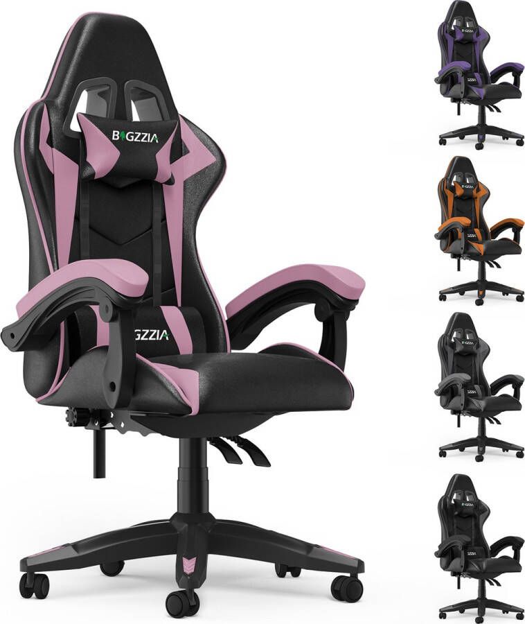 BIGZZIA Gamerstoel Ergonomische gamestoel Gamerstoel met hoofdsteun en lendenkussen 90°-155° verstelbaar Zwart en roze